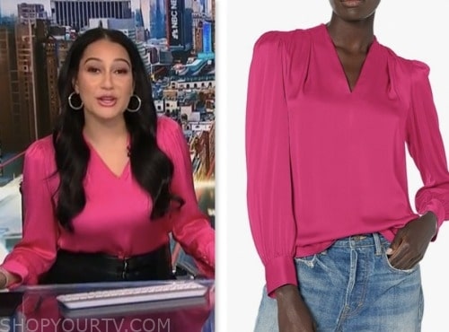 morgan radford, nbc news daily, pink satin v-neck blouse