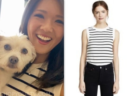 nancy chen, cbs mornings, white striped knit sleeveless top