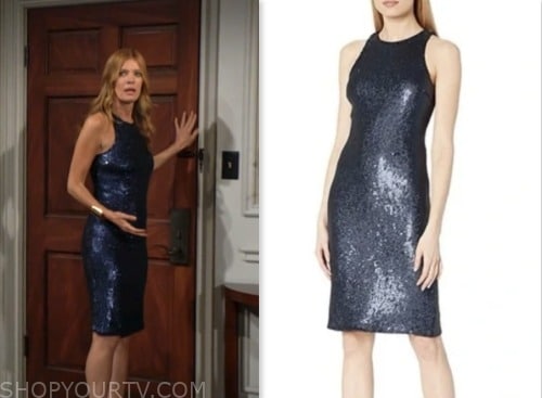 the young and the restless, phyllis newman, michelle stafford, navy blue sequin sheath dress