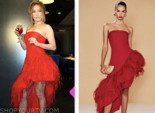 jennifer lopez, e! news, red feather strapless dress