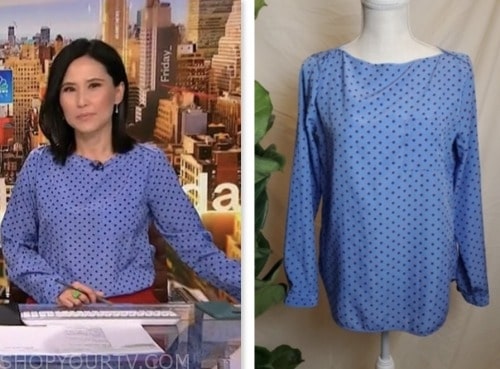 vicky nguyen, nbc news daily, blue polka dot boatneck blouse