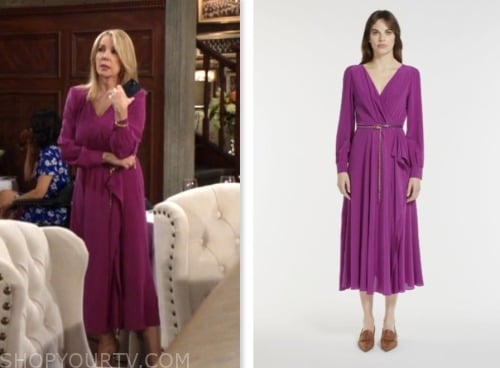 the young and the restless, nikki newman, melody thomas scott, purple pink wrap midi dress