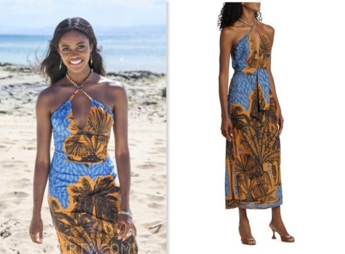 charity lawson, the bachelorette, blue and orange printed halter dress