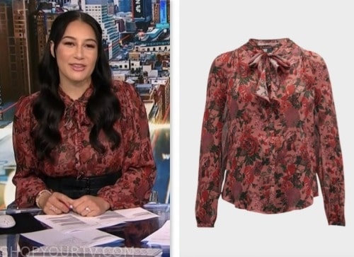 morgan radford, nbc news daily, red floral tie neck blouse