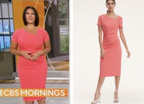 cbs mornings, coral pink asymmetric neck sheath dress, dana jacobson