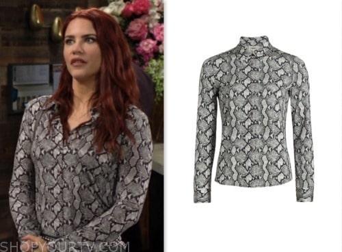 sally spectra, courtney hope, the young and the restless, grey snakeskin print shirt