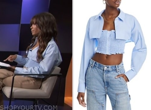 zuri hall, access hollywood, blue smocked top and cropped shirt set