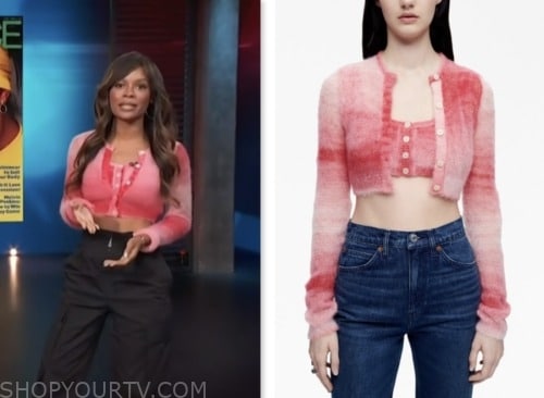 access hollywood, zuri hall, red tie dye gradient crop top and cardigan sweater