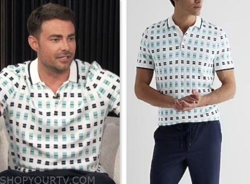 Jonathan Bennett, E! news, white geometric print polo shirt