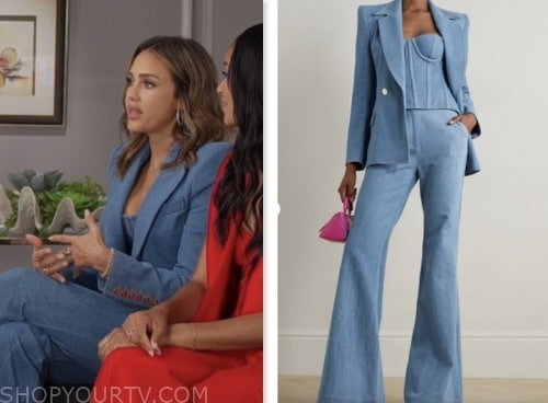 jessica alba, good morning america, denim blazer, corset, and pant suit