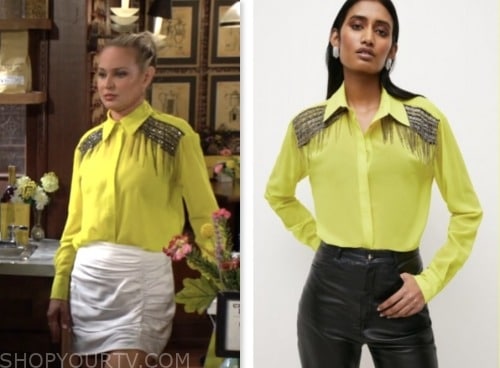 sharon newman, sharon case, the young and the restless, lime yellow embellished shoulder shirt blouse