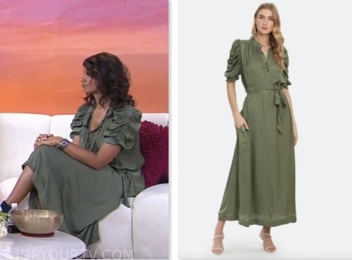 Manjit Devgun, the today show, hoda and jenna, green satin puff sleeve midi dress