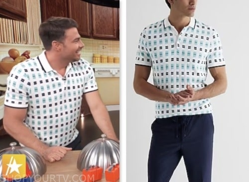 Jonathan Bennett, access daily, white geometric print knit polo shirt