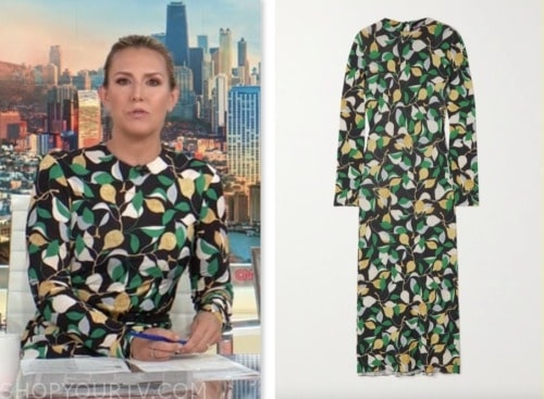 poppy harlow, cnn this morning, green and yellow printed midi dress