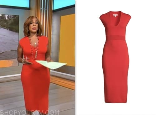 cbs mornings, gayle king, red knit v-neck dress