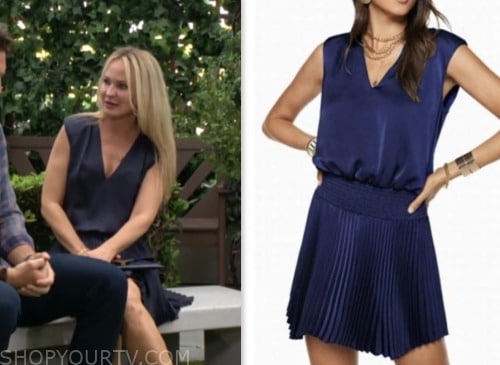 sharon newman, sharon case, the young and the restless, blue satin pleated mini dress