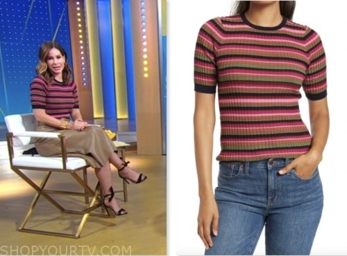 rebecca jarvis, pink striped knit top, good morning america