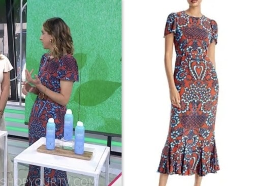 andrea lavinthal, the today show, hoda and jenna, red and blue printed midi dress