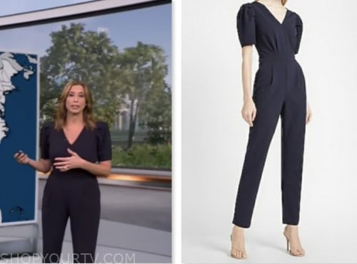 cbs mornings, stephanie abrams, navy blue puff sleeve jumpsuit