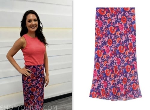 laura tobin, good morning britain, red and blue floral skirt