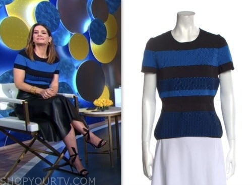 rebecca jarvis, blue striped mesh top, good morning america