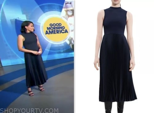 stephanie ramos, navy blue mock neck pleated dress, good morning america