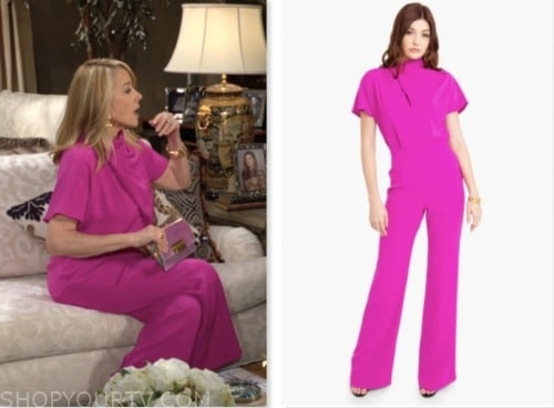 nikki newman, melody thomas scott, the young and the restless, pink draped neck jumpsuit