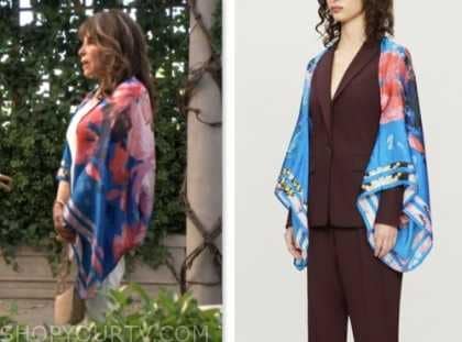 esther valentine, kate linder, blue satin floral kimono scarf, the young and the restless