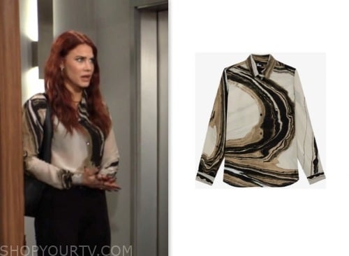 sally spectra, courtney hope, the young and the restless, marble print silk shirt