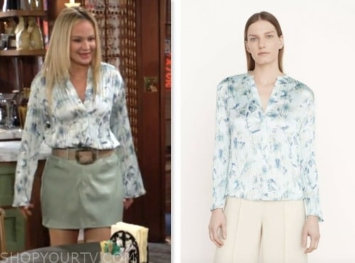 sharon newman, sharon case, the young and the restless, blue silk floral pleated blouse