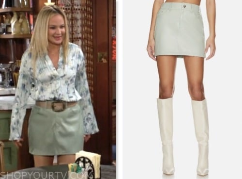 sharon newman, sharon case, the young and the restless, sage green leather mini skirt
