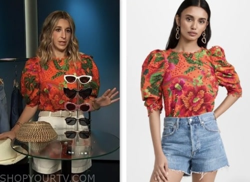 andrea lavinthal, access hollywood, orange red floral puff sleeve top