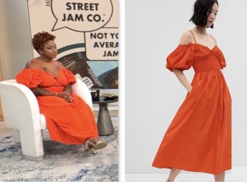 Ashley Rouse, cbs mornings ,coral orange cold shoulder dress