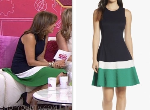 hoda kotb, hoda and jenna, the today show, navy blue and green jacquard flare dress