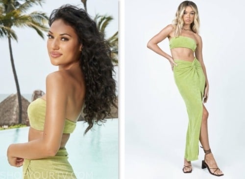 Mercedes Northup, bachelor in paradise, green crop top and skirt set