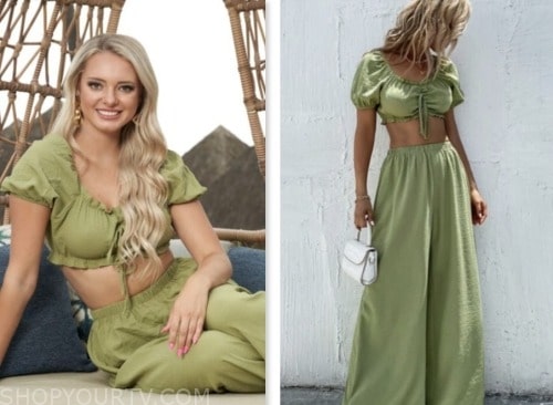 brooklyn willie, bachelor in paradise, green crop top and pant set