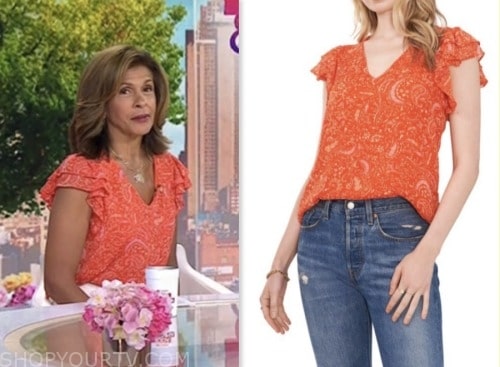 hoda kotb, hoda and jenna, coral orange paisley ruffle top, the today show