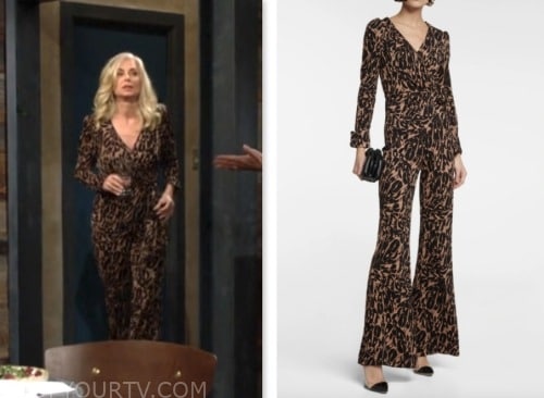 ashley abbott McCall, the young and the restless, eileen davidson, black and tan printed wrap jumpsuit