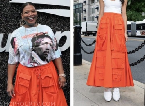 queen latifah, E! news, red cargo skirt