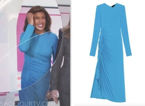 the today show, hoda and jenna, hoda kotb, blue ruched long sleeve midi dress