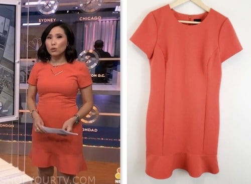 vicky nguyen, nbc news daily, coral red ruffle hem dress