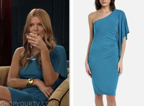michelle stafford, the young and the restless, teal blue one shoulder dress, phyllis newman