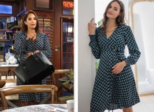lily winters ashby, christel khalil, the young and the restless, teal geometric print dress