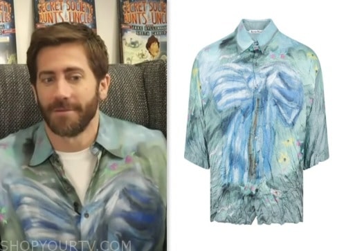 Jake Gyllenhaal, abstract blue green shirt, access hollywood