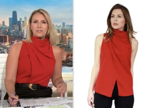 poppy harlow, cnn this morning, red drape wrap mock neck sleeveless top