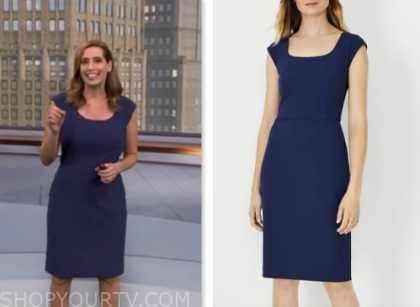 cbs mornings, stephanie abrams, navy blue scoop neck sheath dress