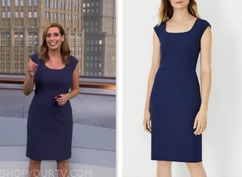 cbs mornings, stephanie abrams, navy blue scoop neck sheath dress