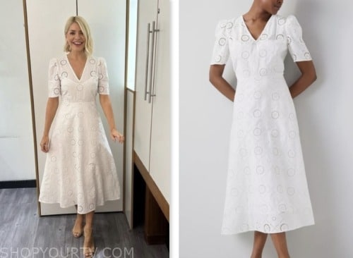 this morning, holly willoughby, white broderie eyelet midi dress