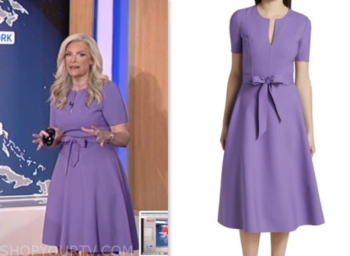janice dean, fox and friends, fox news fashion, purple split neck tie waist dress