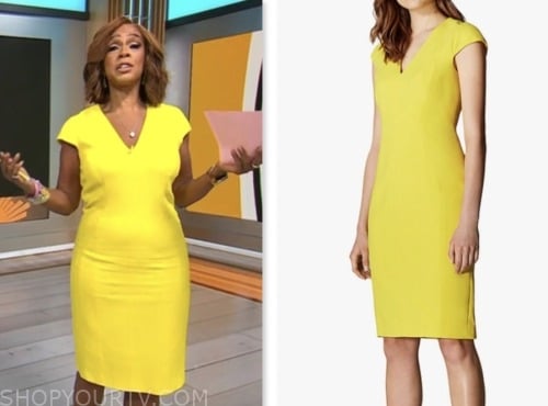 cbs mornings, gayle king, yellow v-neck sheath dress